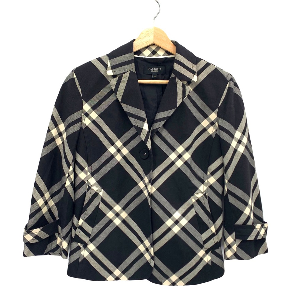 Talbots Black and Cream Plaid Blazer